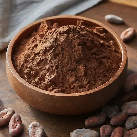 A close look at cocoa powder in a wooden bowl